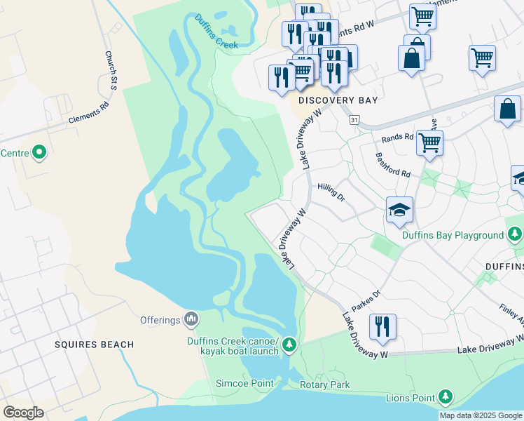 map of restaurants, bars, coffee shops, grocery stores, and more near 191 Lake Driveway West in Ajax