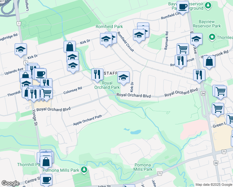 map of restaurants, bars, coffee shops, grocery stores, and more near 123 Royal Orchard Boulevard in Markham