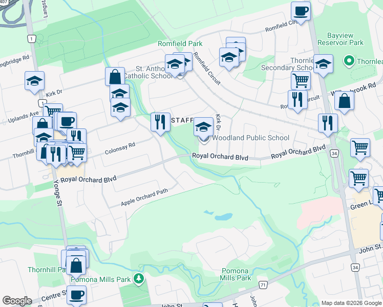 map of restaurants, bars, coffee shops, grocery stores, and more near 123 Royal Orchard Boulevard in Markham