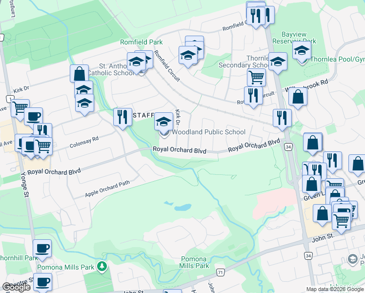 map of restaurants, bars, coffee shops, grocery stores, and more near 138 Royal Orchard Boulevard in Markham