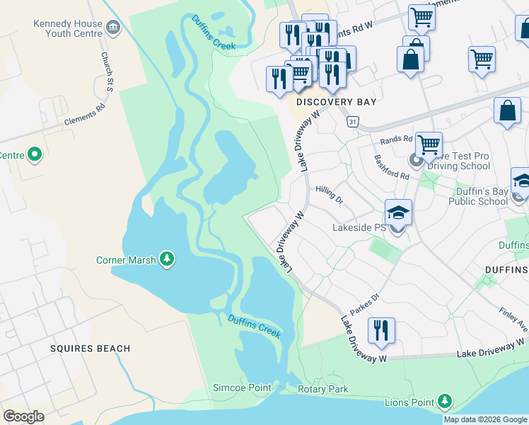 map of restaurants, bars, coffee shops, grocery stores, and more near 193 Lake Driveway West in Ajax
