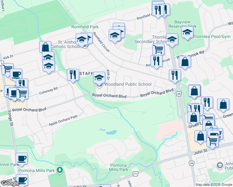 map of restaurants, bars, coffee shops, grocery stores, and more near 144 Royal Orchard Boulevard in Markham