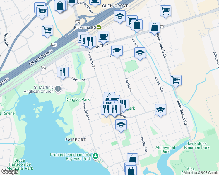 map of restaurants, bars, coffee shops, grocery stores, and more near 869 Naroch Boulevard in Pickering