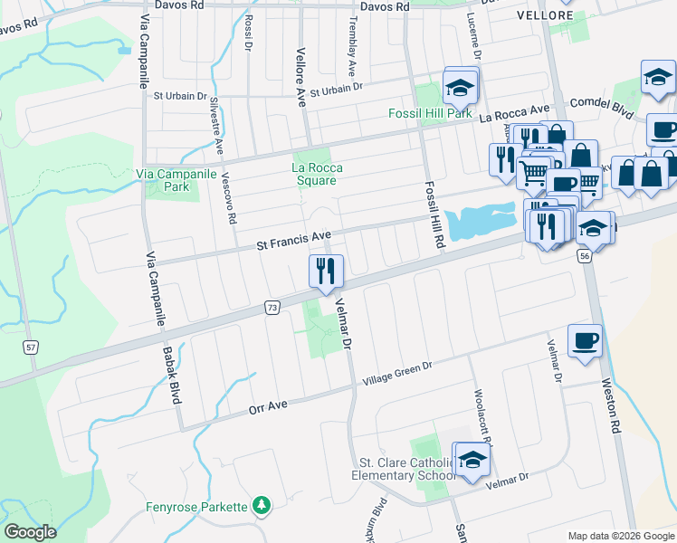 map of restaurants, bars, coffee shops, grocery stores, and more near 9 Saint Clare Boulevard in Vaughan