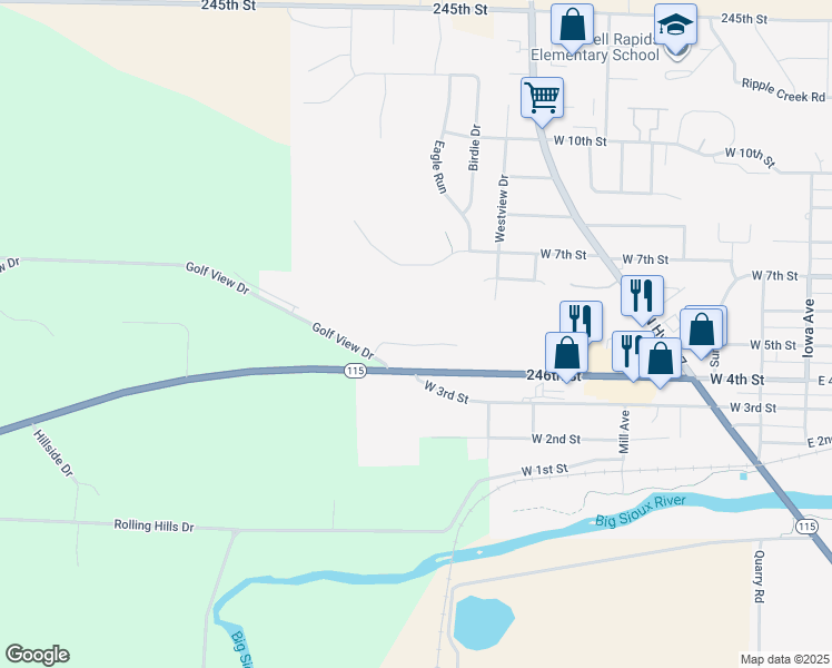 map of restaurants, bars, coffee shops, grocery stores, and more near 698 W 4th St in Dell Rapids