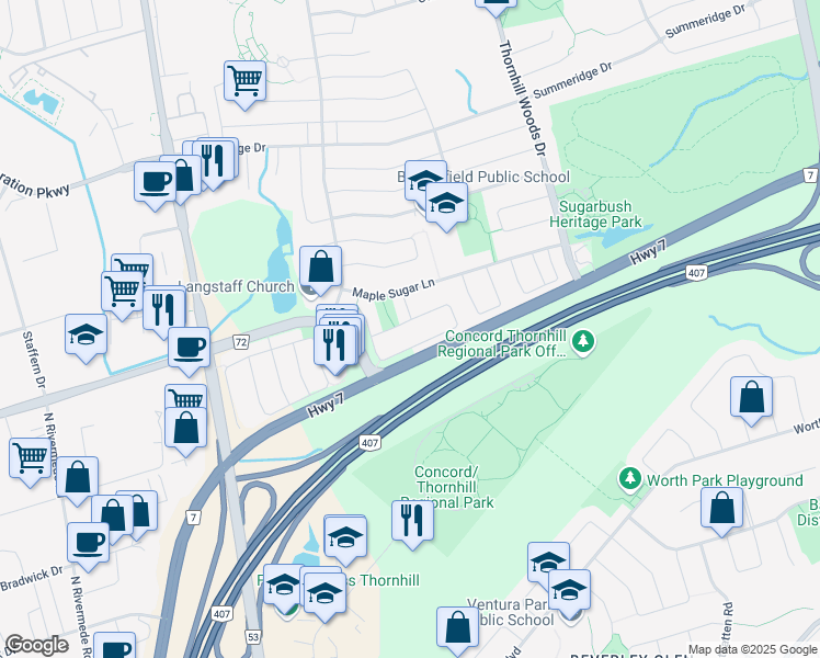 map of restaurants, bars, coffee shops, grocery stores, and more near 37 Sassafras Circle in Vaughan