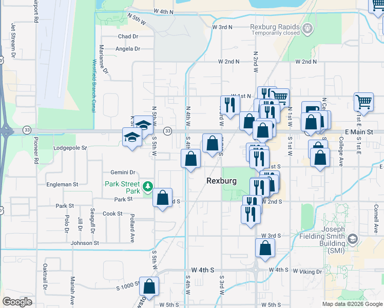 map of restaurants, bars, coffee shops, grocery stores, and more near 370 West 1st South in Rexburg