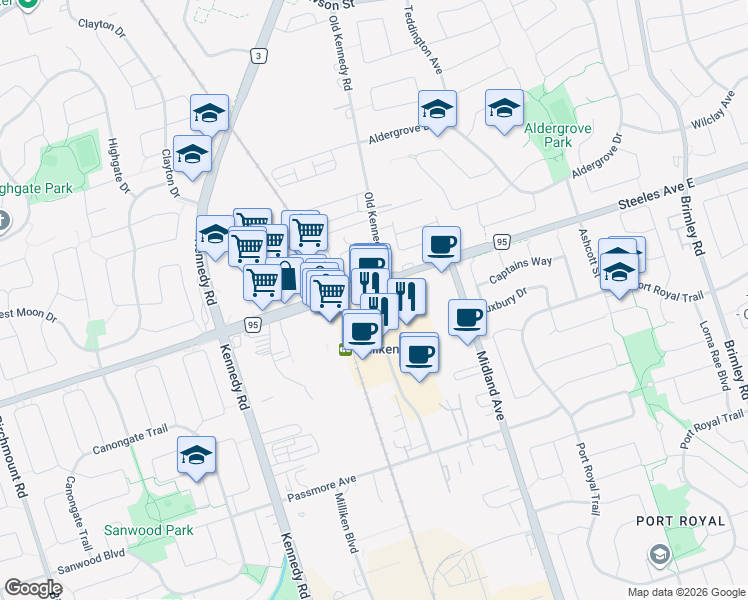 map of restaurants, bars, coffee shops, grocery stores, and more near 4733 Steeles Avenue East in Toronto