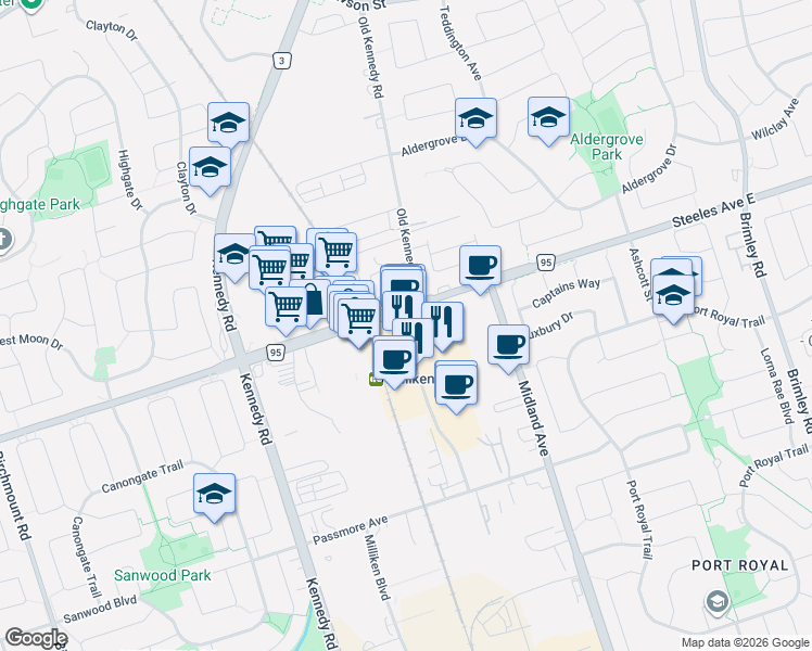 map of restaurants, bars, coffee shops, grocery stores, and more near 4733 Steeles Avenue East in Toronto