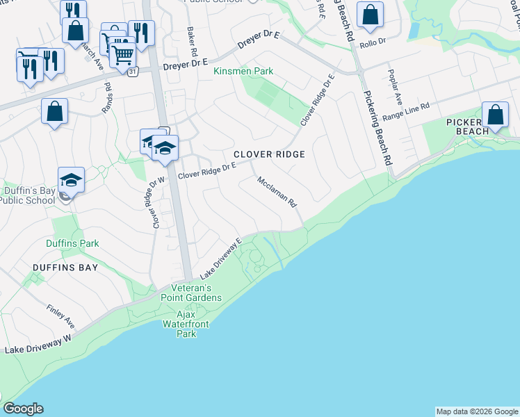 map of restaurants, bars, coffee shops, grocery stores, and more near 37 Lewin Crescent in Ajax