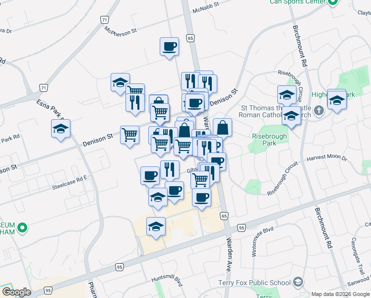 map of restaurants, bars, coffee shops, grocery stores, and more near 236 Hood Road in Markham