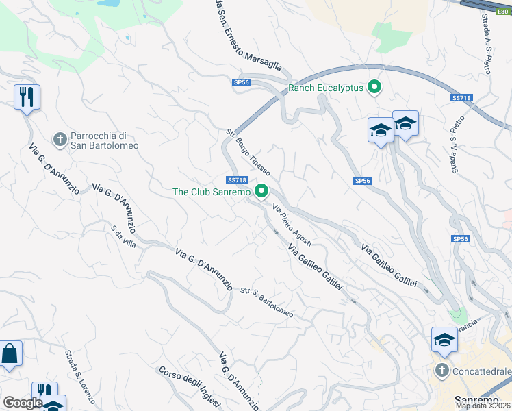 map of restaurants, bars, coffee shops, grocery stores, and more near 230-357 Via Galileo Galilei in Sanremo