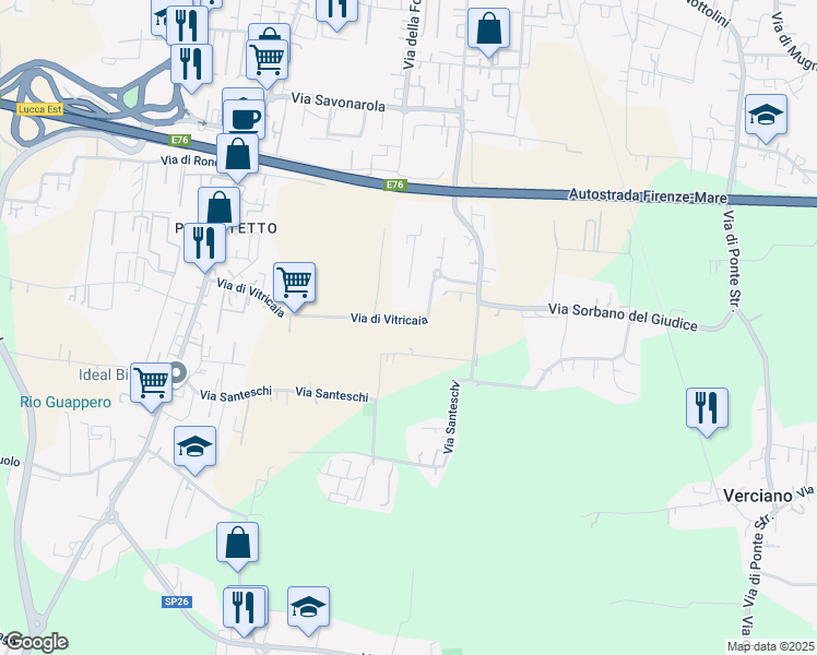 map of restaurants, bars, coffee shops, grocery stores, and more near 241 Via di Vitricaia in Lucca