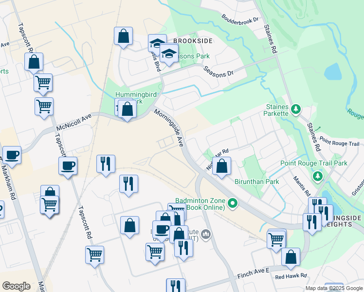 map of restaurants, bars, coffee shops, grocery stores, and more near 2750 Morningside Avenue in Toronto