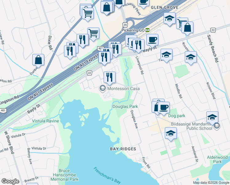 map of restaurants, bars, coffee shops, grocery stores, and more near 1235 Radom Street in Pickering