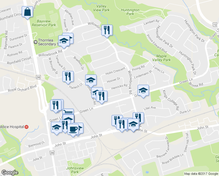 map of restaurants, bars, coffee shops, grocery stores, and more near 40 Henricks Road in Markham