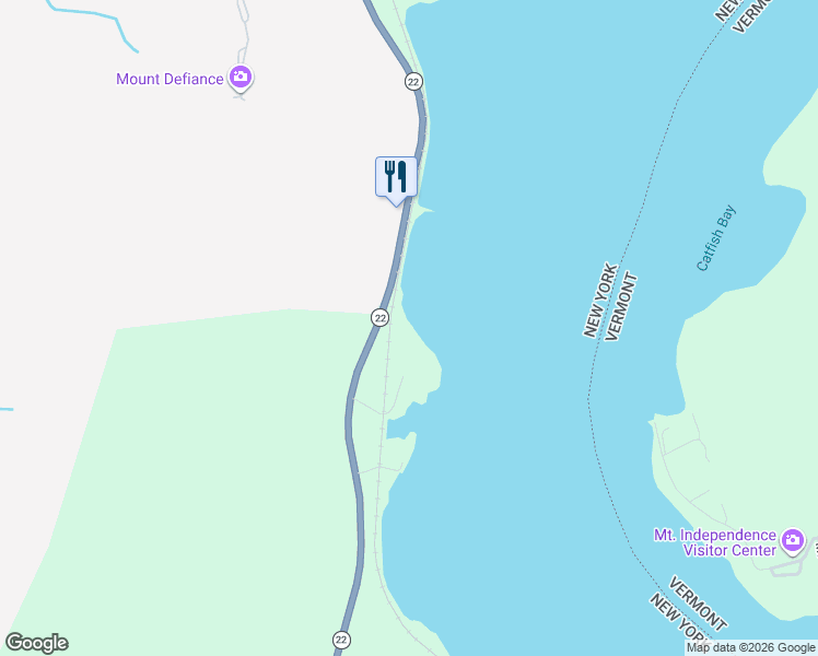 map of restaurants, bars, coffee shops, grocery stores, and more near 52 Wilson Bay Road in Ticonderoga