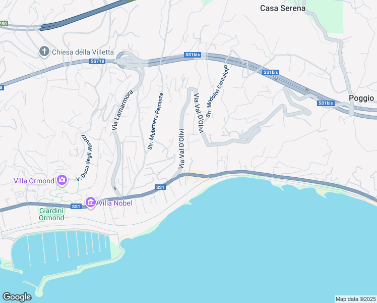 map of restaurants, bars, coffee shops, grocery stores, and more near 76 Via delle Ginestre in Sanremo