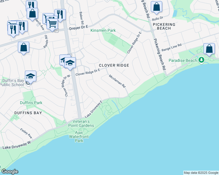map of restaurants, bars, coffee shops, grocery stores, and more near in Ajax