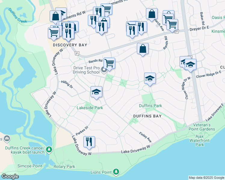 map of restaurants, bars, coffee shops, grocery stores, and more near 34 Brooksbank Crescent in Ajax