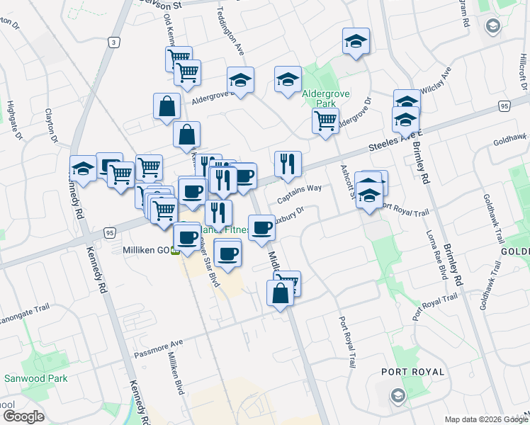 map of restaurants, bars, coffee shops, grocery stores, and more near in Toronto