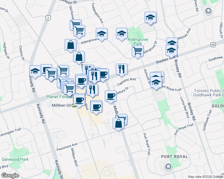 map of restaurants, bars, coffee shops, grocery stores, and more near 12 Staverton Court in Toronto