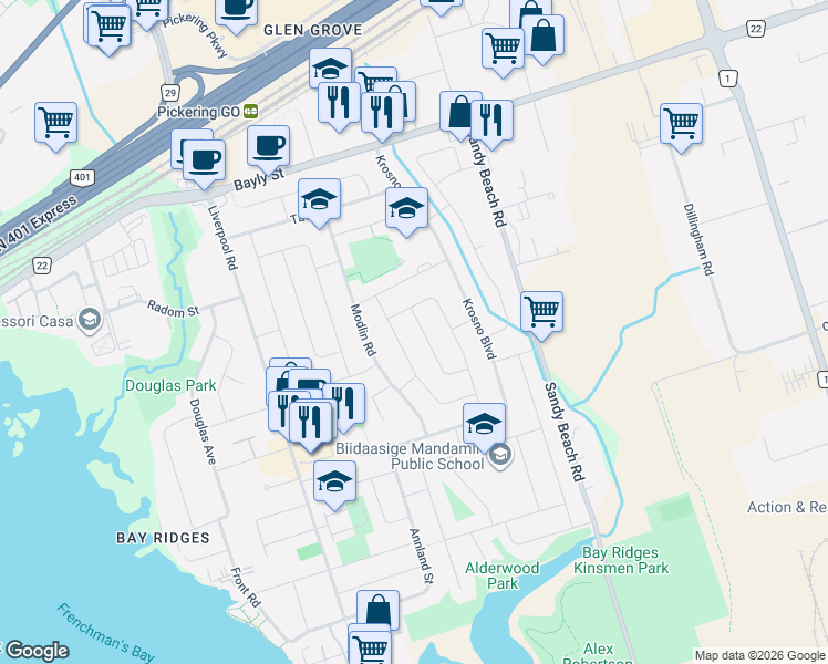 map of restaurants, bars, coffee shops, grocery stores, and more near 846 Miriam Road in Pickering