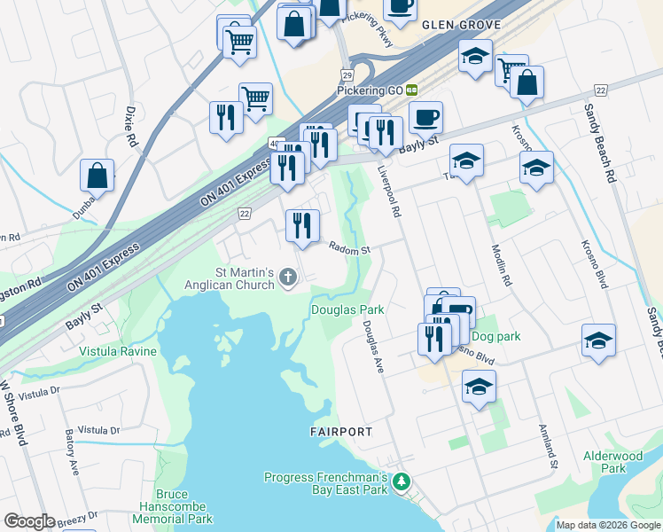 map of restaurants, bars, coffee shops, grocery stores, and more near 1235 Radom Street in Pickering