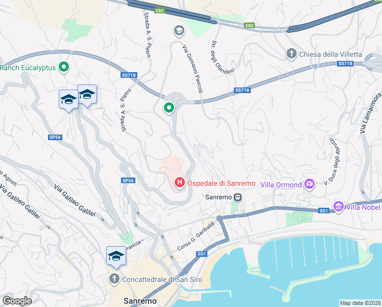 map of restaurants, bars, coffee shops, grocery stores, and more near 31 Strada Moduponte in Sanremo