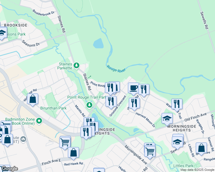 map of restaurants, bars, coffee shops, grocery stores, and more near Point Rouge Trail in Toronto