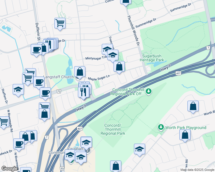 map of restaurants, bars, coffee shops, grocery stores, and more near 55 Sassafras Circle in Vaughan