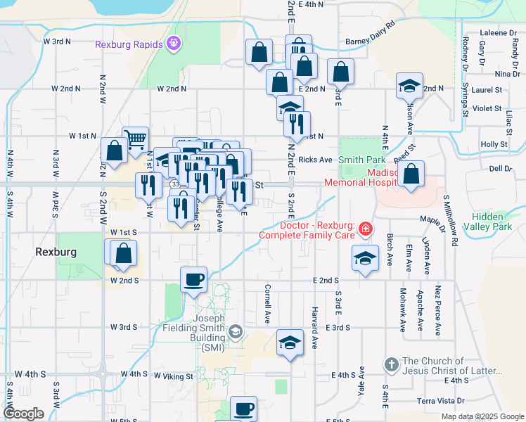 map of restaurants, bars, coffee shops, grocery stores, and more near 130 E Main St in Rexburg