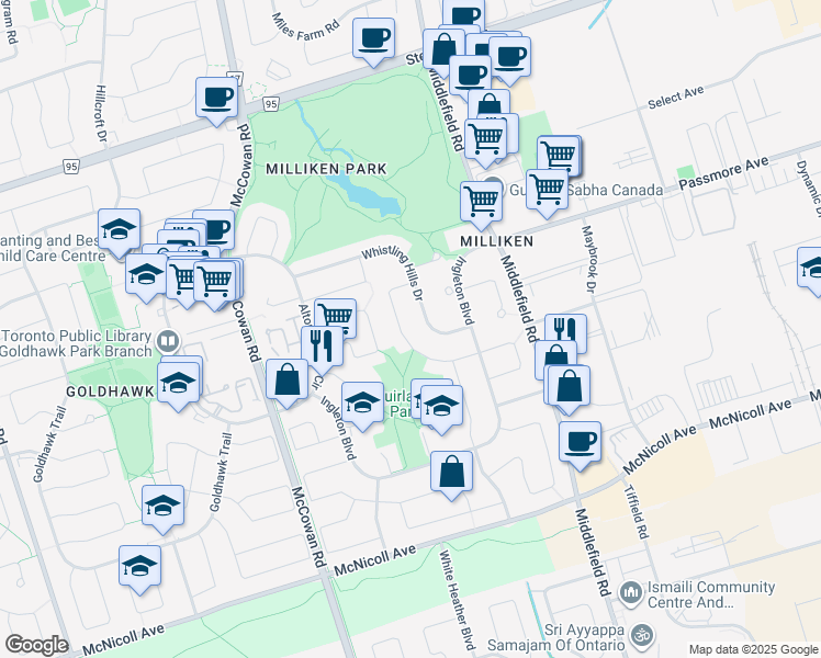 map of restaurants, bars, coffee shops, grocery stores, and more near 75 Muirlands Drive in Toronto
