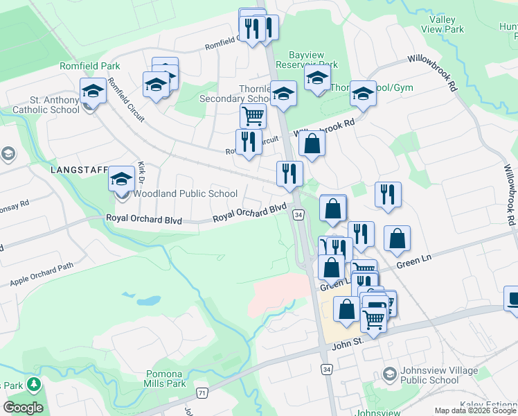 map of restaurants, bars, coffee shops, grocery stores, and more near in Markham