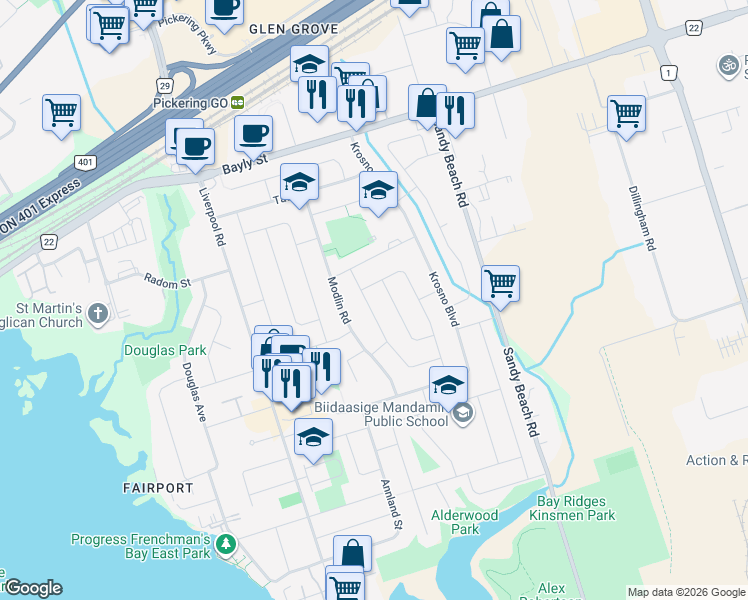 map of restaurants, bars, coffee shops, grocery stores, and more near in Pickering