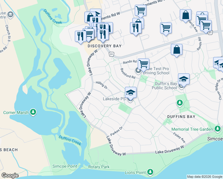 map of restaurants, bars, coffee shops, grocery stores, and more near 36 Hilling Drive in Ajax