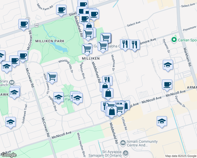 map of restaurants, bars, coffee shops, grocery stores, and more near Middlefield Road in Markham