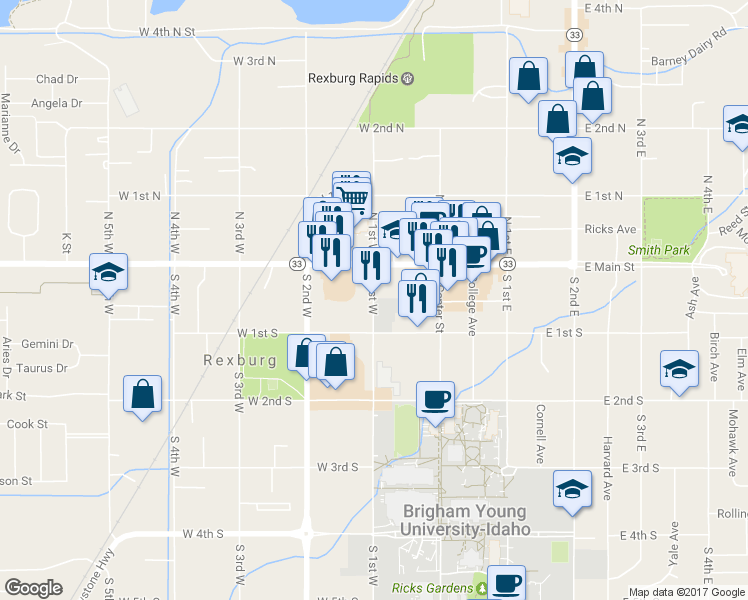 map of restaurants, bars, coffee shops, grocery stores, and more near 51 South 1st West in Rexburg