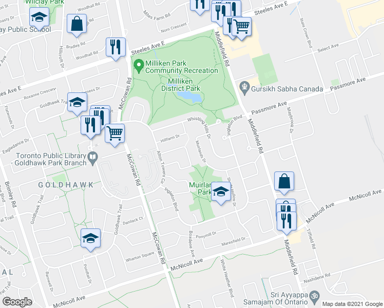 map of restaurants, bars, coffee shops, grocery stores, and more near 73 Fieldwood Drive in Toronto
