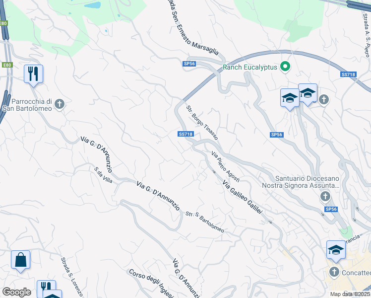 map of restaurants, bars, coffee shops, grocery stores, and more near 351 Via Galileo Galilei in Sanremo