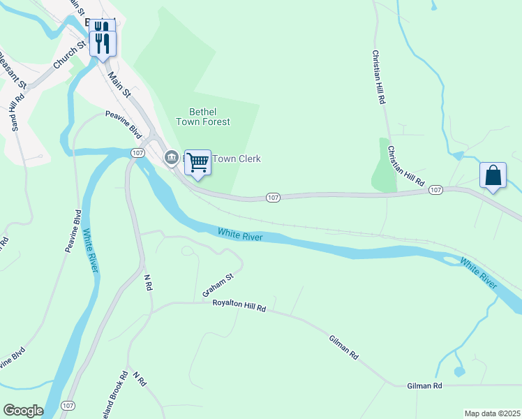 map of restaurants, bars, coffee shops, grocery stores, and more near 438 South Main Street in Bethel