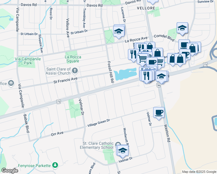 map of restaurants, bars, coffee shops, grocery stores, and more near Rutherford Road in Vaughan