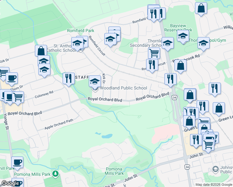 map of restaurants, bars, coffee shops, grocery stores, and more near 6 Shady Lane Crescent in Markham
