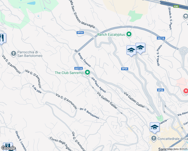 map of restaurants, bars, coffee shops, grocery stores, and more near 38 Strada Borgo Tinasso in Sanremo