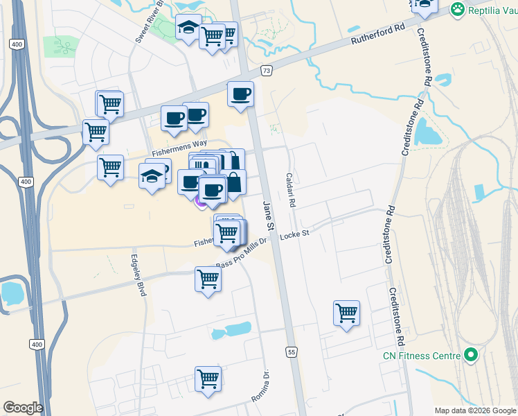 map of restaurants, bars, coffee shops, grocery stores, and more near 8960 Jane Street in Vaughan