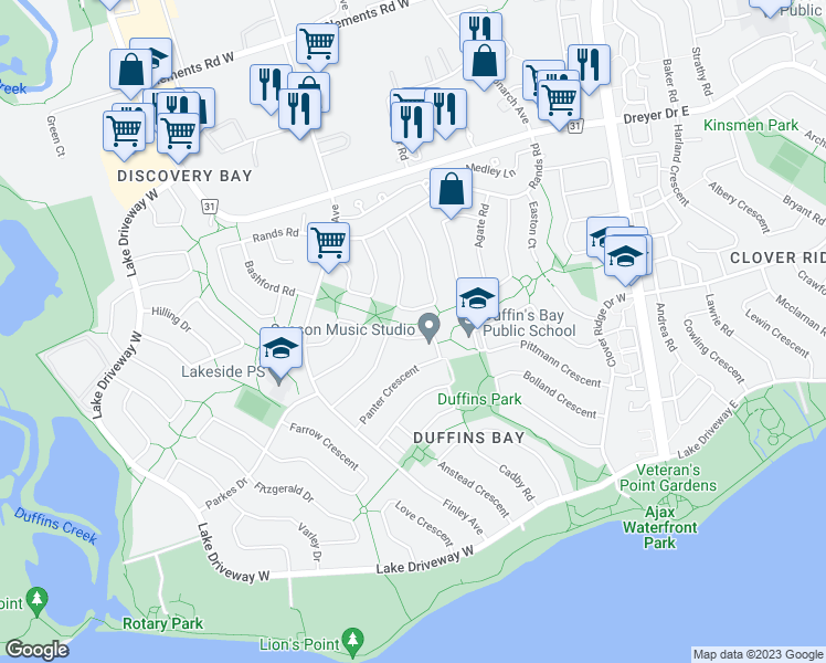 map of restaurants, bars, coffee shops, grocery stores, and more near 50 Panter Crescent in Ajax