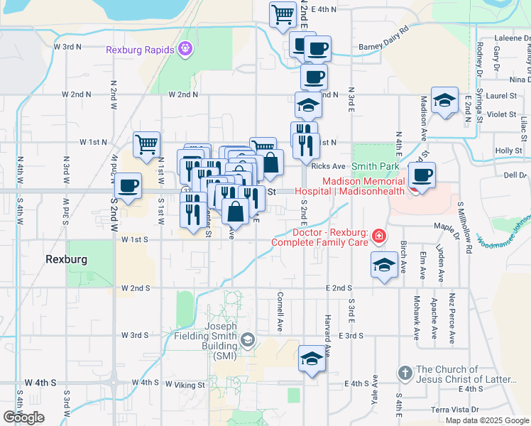 map of restaurants, bars, coffee shops, grocery stores, and more near 130 E Main St in Rexburg