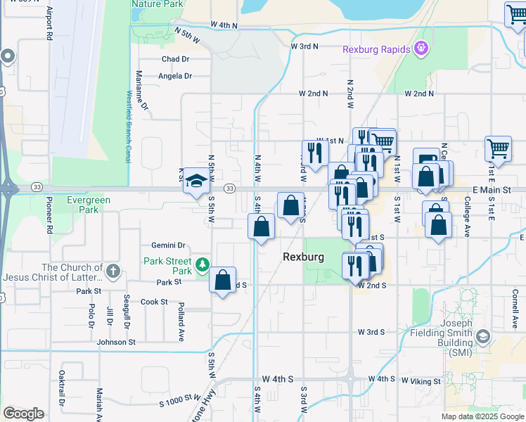 map of restaurants, bars, coffee shops, grocery stores, and more near 7 South 4th West in Rexburg