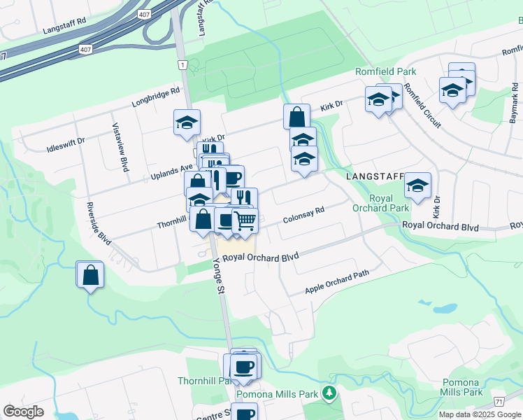 map of restaurants, bars, coffee shops, grocery stores, and more near 111 Inverlochy Boulevard in Markham