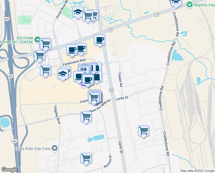 map of restaurants, bars, coffee shops, grocery stores, and more near 8960 Jane Street in Vaughan